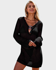Deep Plunge Long Sleeve Beach Crochet Cover Up Dress