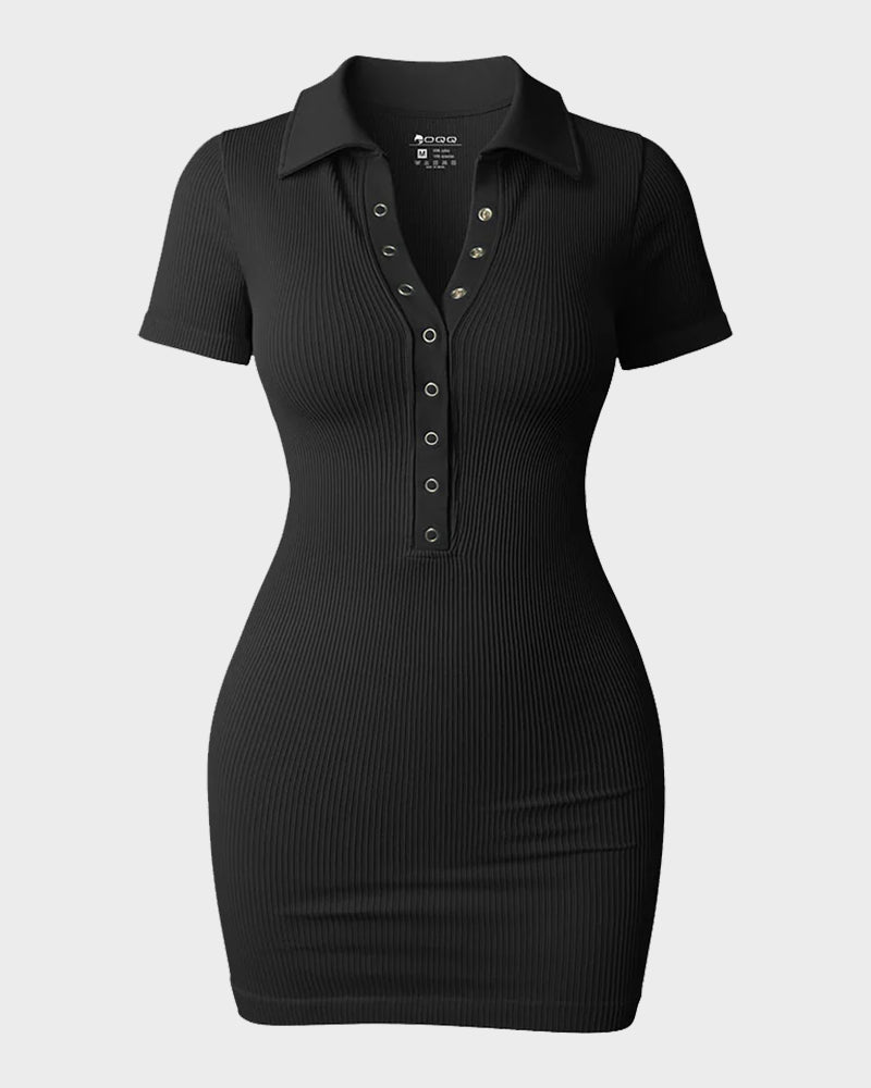 Ribbed Short Sleeve Button-Up Fitted Mini Dress