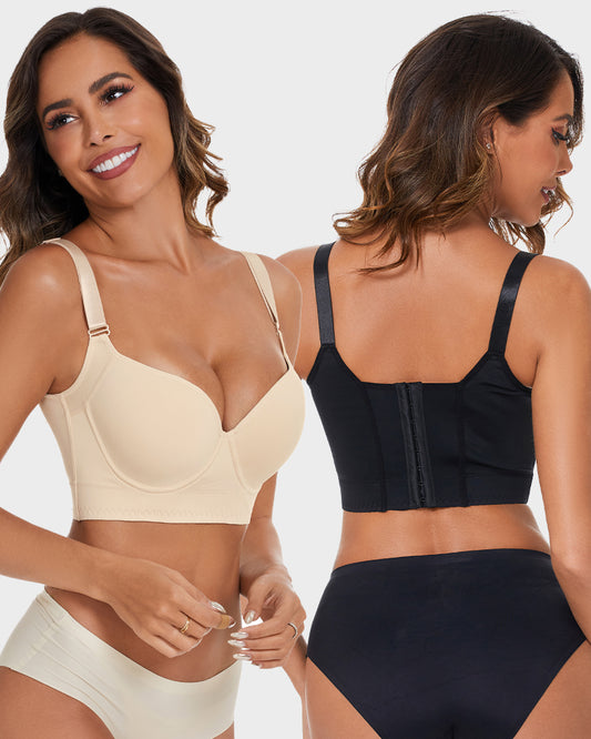 SheCurve® Push-Up Back Smoothing Bra - Black+Beige (2 PACK）