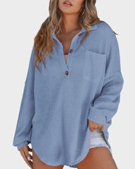 Relaxed Fit Long Sleeve Waffle Knit Button-Up Shirt