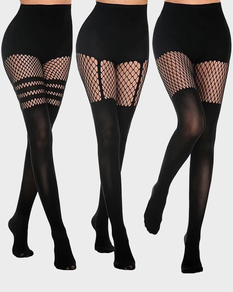 Mock Thigh High Stockings For Women Sexy Fishnet Tights Suspender Pantyhose  (3 Pairs)