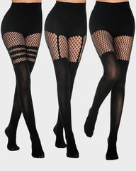 Mock Thigh High Stockings For Women Sexy Fishnet Tights Suspender Pantyhose  (3 Pairs)