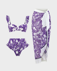 SheCurve® Vintage Floral Printed Bikini Set with Beach Cover up Wrap Skirt