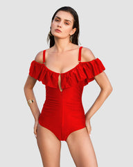 Drop-Shoulder Ruffled Zip-Front Shapewear Swimsuit