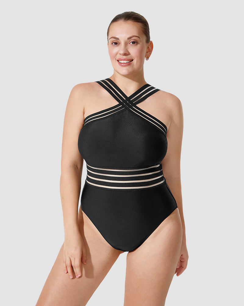 Striped Mesh Insert Cross-Over Halter Neck Swimsuit