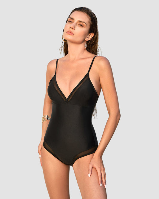 Deep V Mesh Insert Lace-Up Sculpting Swimsuit