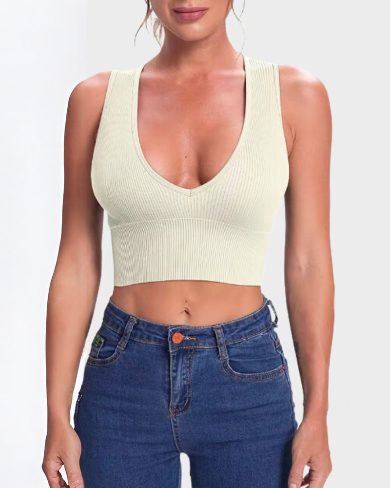 SheCurve® Ribbed Sleeveless Deep V Neck Crop Tops