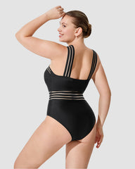 Striped Mesh Insert Cross-Over Halter Neck Swimsuit