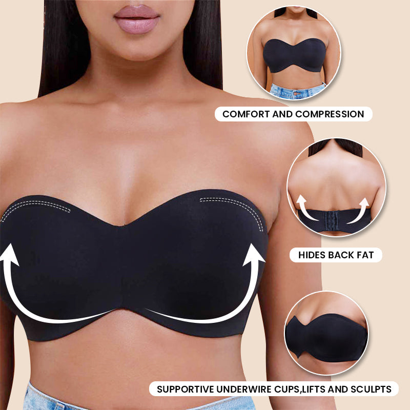 SheCurve® Full Support Non-Slip Convertible Bandeau Bra-Black+Nude