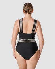 Striped Mesh Insert Cross-Over Halter Neck Swimsuit