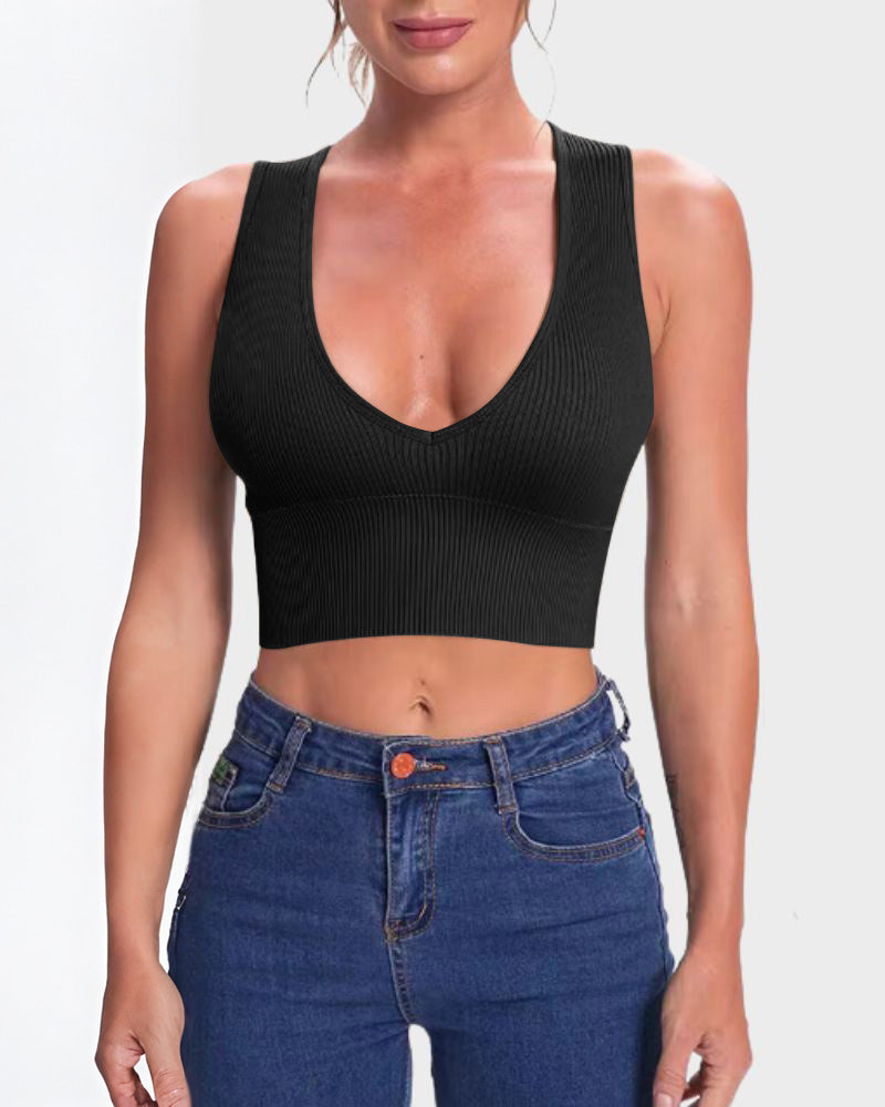 SheCurve® Ribbed Sleeveless Deep V Neck Crop Tops