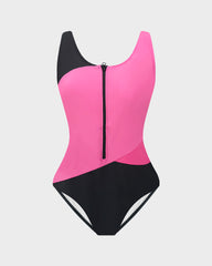 Trendy Color-Blocked Front Zip Tank Swimsuit