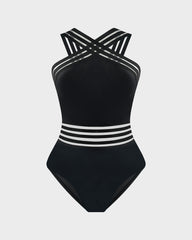 Striped Mesh Insert Cross-Over Halter Neck Swimsuit