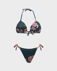 Floral Print Ruched Halter Tie Triangle Bikini Set