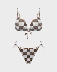 Trendy Ruched Check Print Triangle Bikini Set