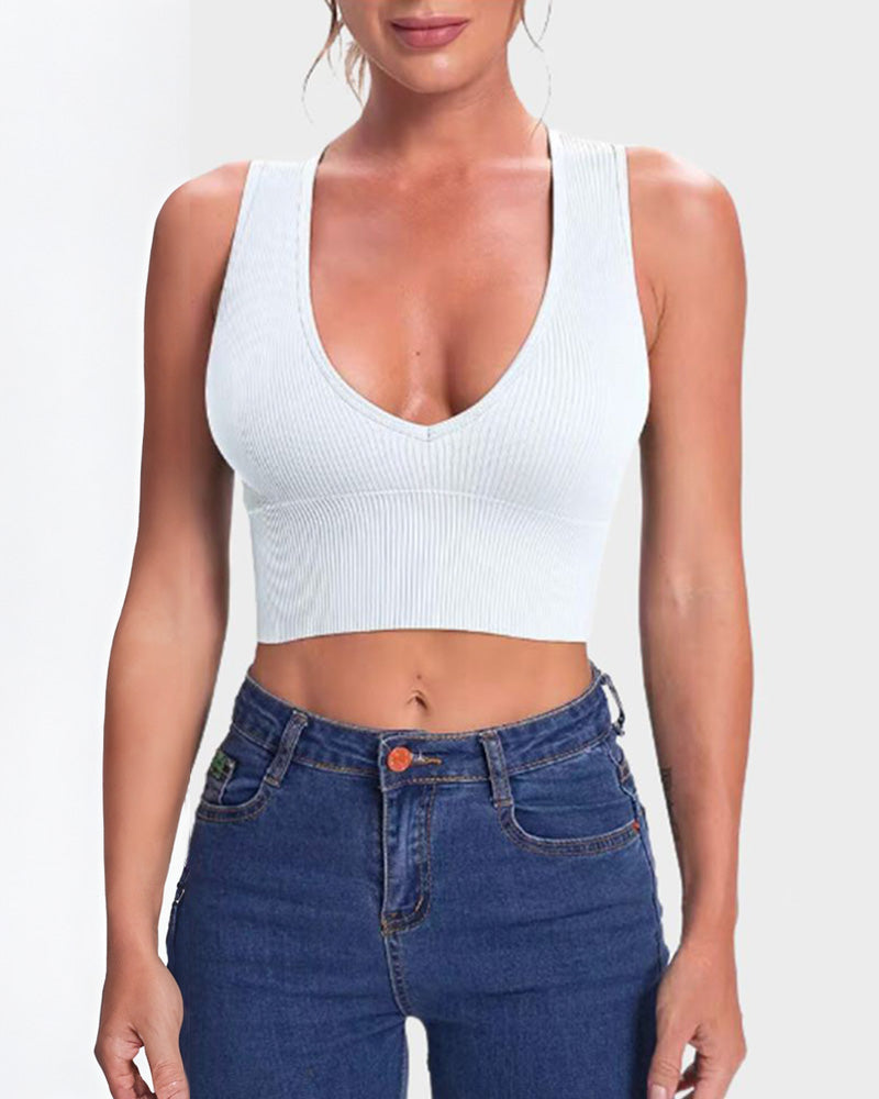 SheCurve® Ribbed Sleeveless Deep V Neck Crop Tops