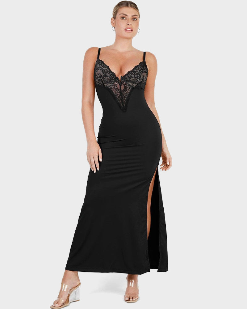 Deep-V Lace High-Slit Maxi Dress with Built-In Shapewear