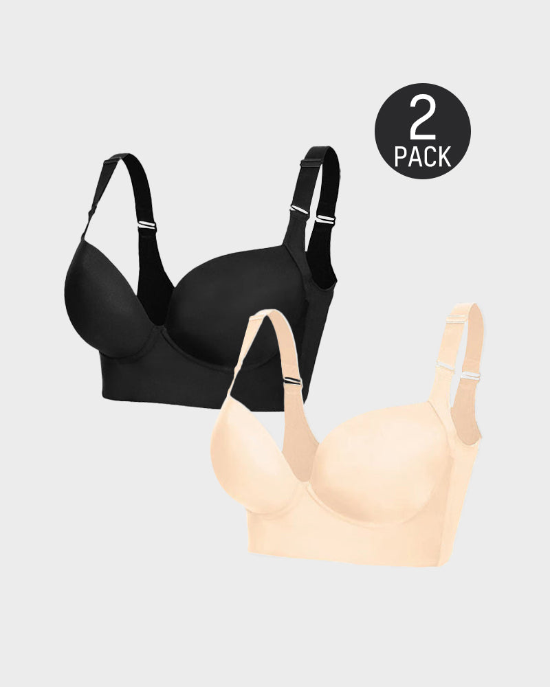 SheCurve® Push-Up Back Smoothing Bra - Black+Beige (2 PACK）