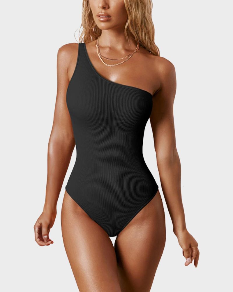 SheCurve® Asymmetrical Ribbed One Shoulder Bodysuits