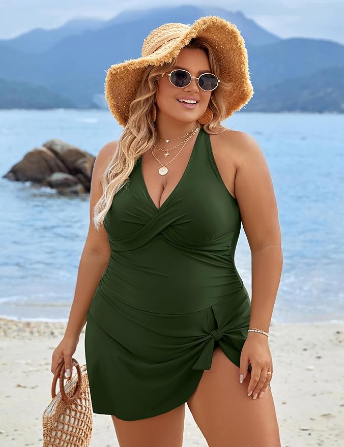 SheCurve® Plus Size One Piece Swim Dress Swimsuit Tummy Control Bathing Suits