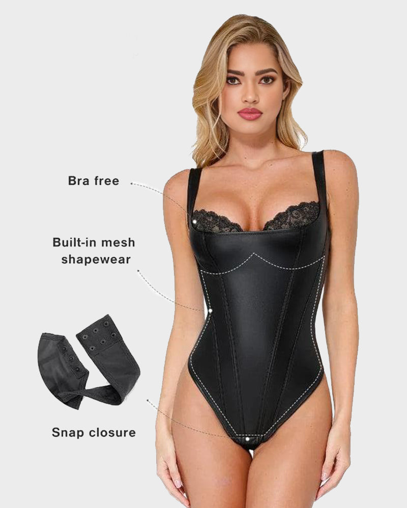 All-in-One Faux Leather Lace Corset thong Bodysuit