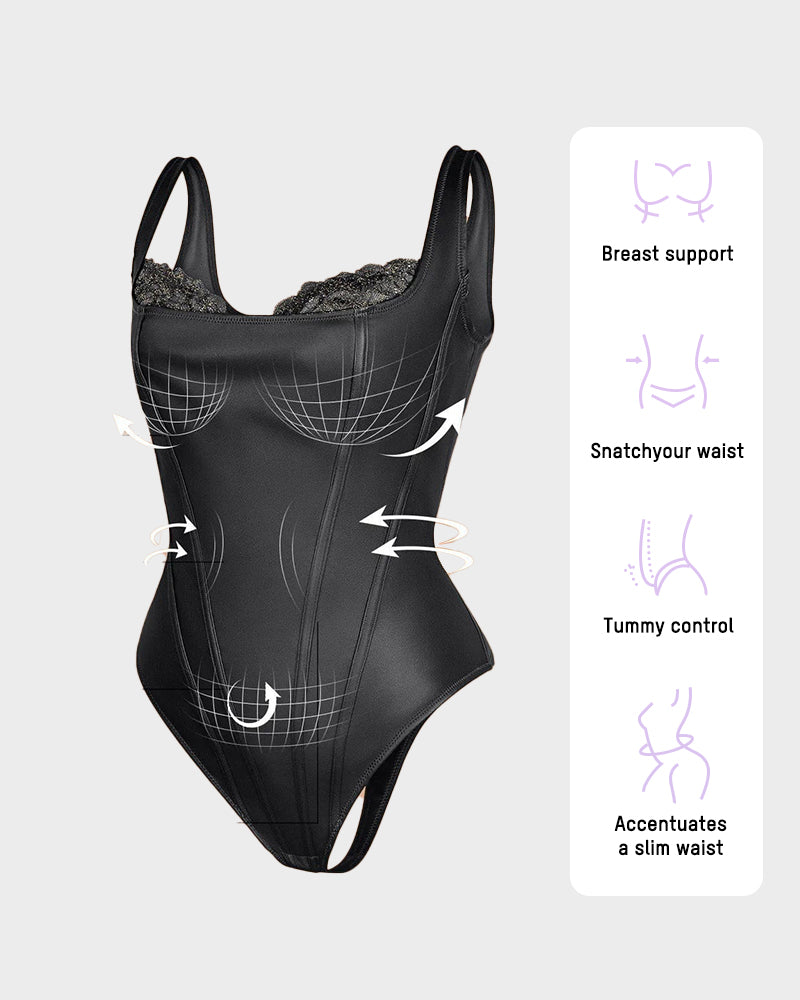 All-in-One Faux Leather Lace Corset thong Bodysuit