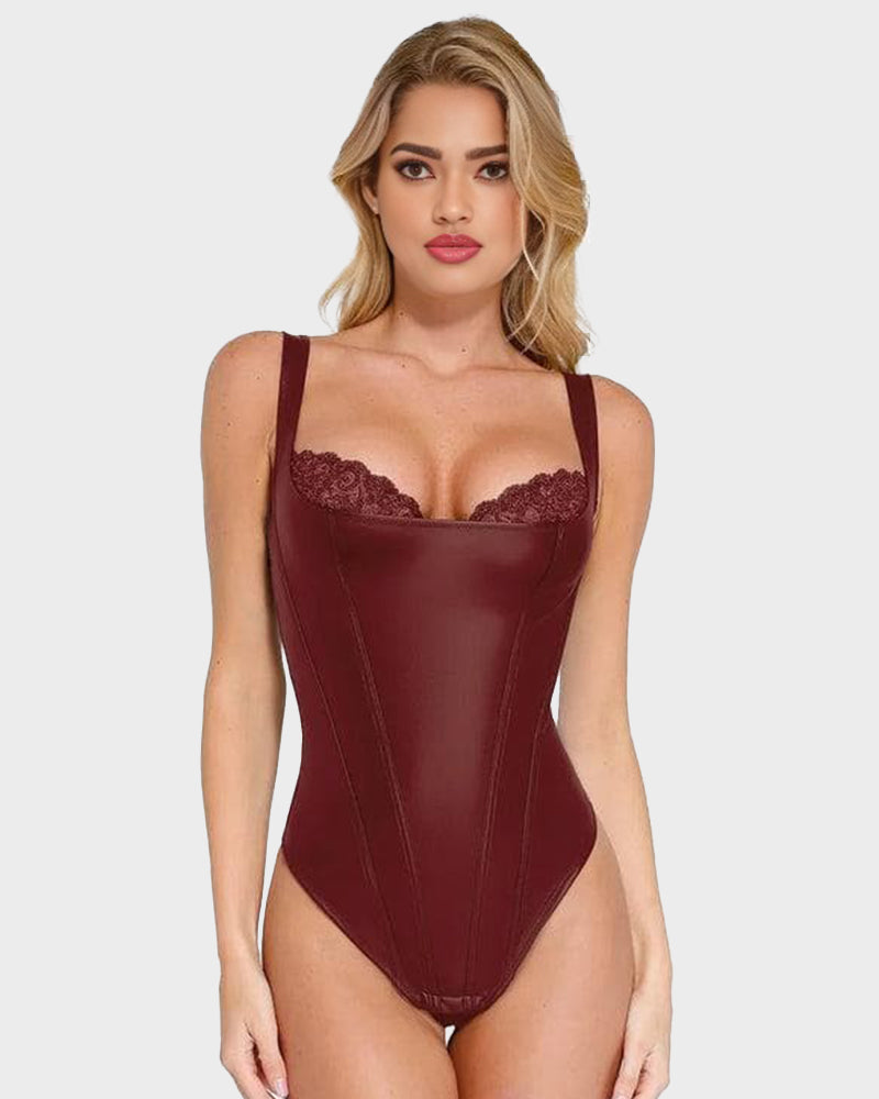 All-in-One Faux Leather Lace Corset thong Bodysuit