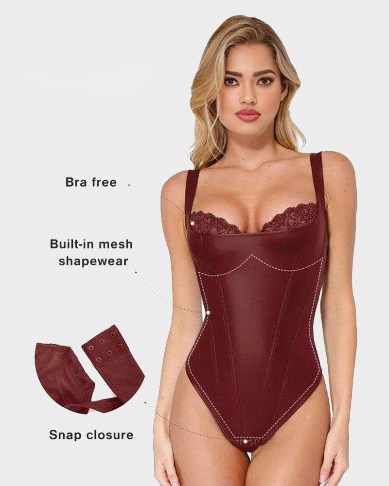 All-in-One Faux Leather Lace Corset thong Bodysuit