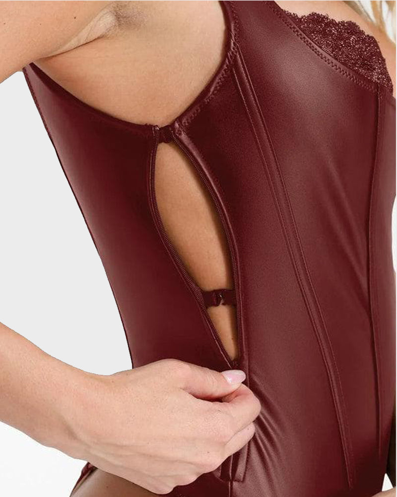 All-in-One Faux Leather Lace Corset thong Bodysuit
