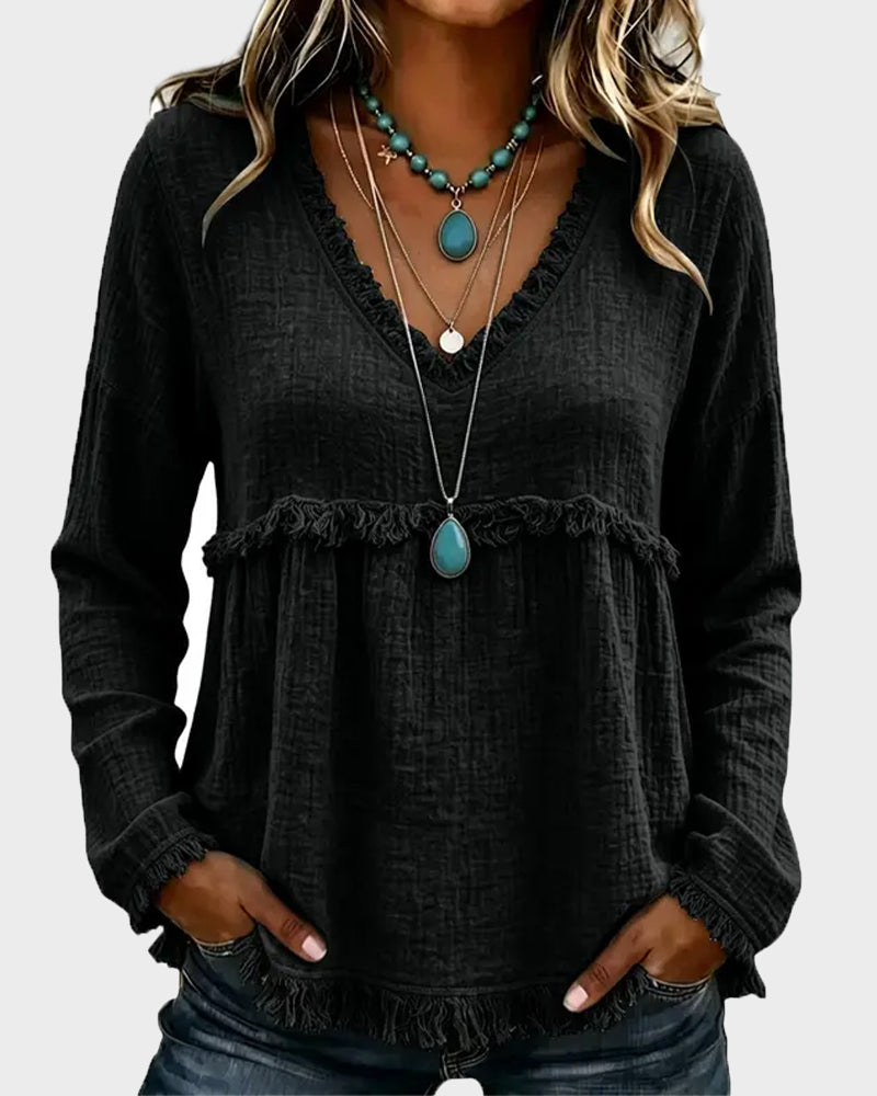 Boho Fringe V-Neck Long-Sleeve Babydoll Blouse