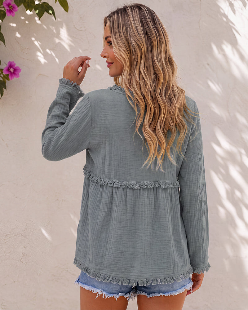 Boho Fringe V-Neck Long-Sleeve Babydoll Blouse