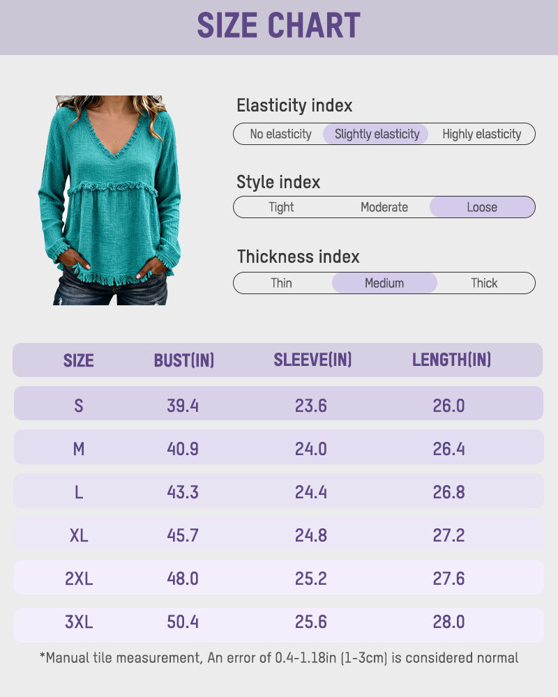 Boho Fringe V-Neck Long-Sleeve Babydoll Blouse