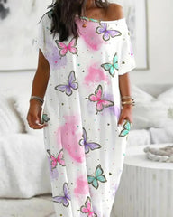 Casual Printed Short Sleeve Pocket Maxi Dress