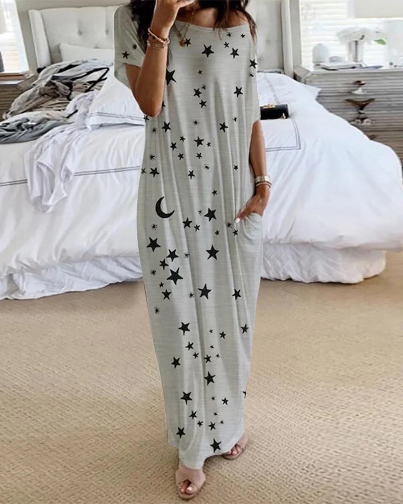 Casual Printed Short Sleeve Pocket Maxi Dress