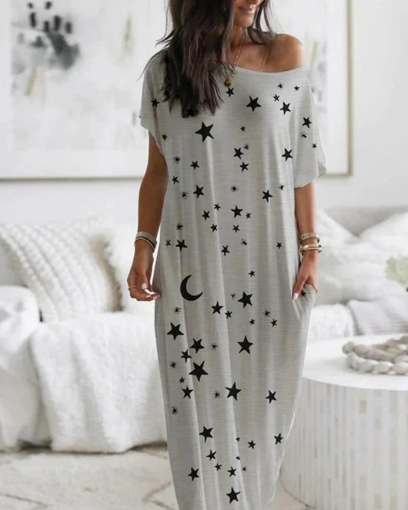Casual Printed Short Sleeve Pocket Maxi Dress