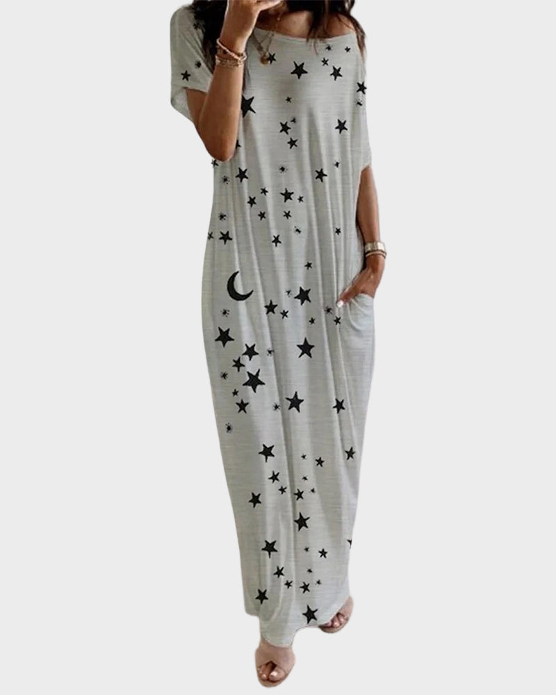 Casual Printed Short Sleeve Pocket Maxi Dress