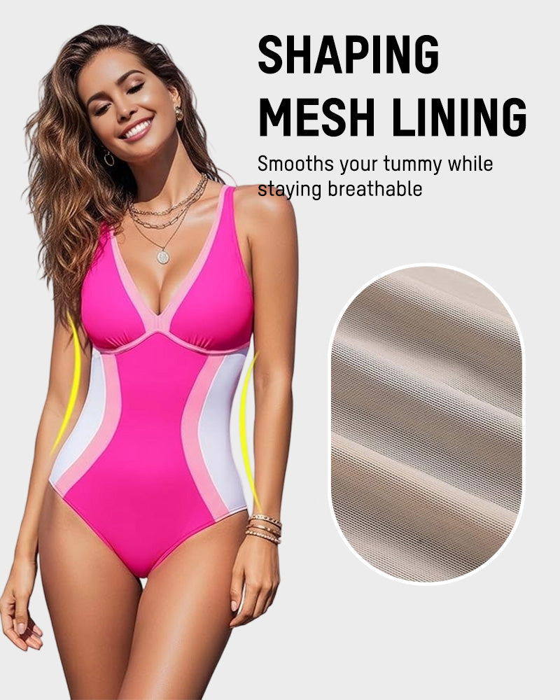 Color Block Tummy Control One-Piece Swimsuit