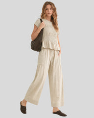 Cotton Smocked Top & Wide-Leg Pants Set with Pockets