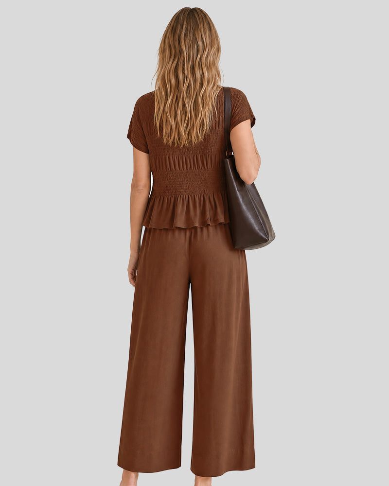 Cotton Smocked Top & Wide-Leg Pants Set with Pockets