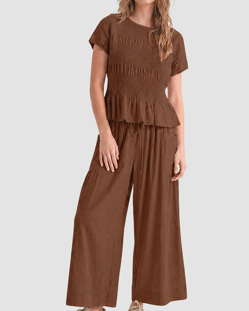 Cotton Smocked Top & Wide-Leg Pants Set with Pockets