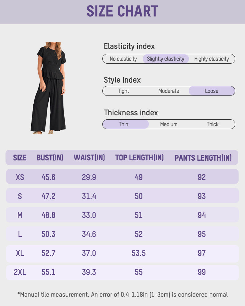 Cotton Smocked Top & Wide-Leg Pants Set with Pockets