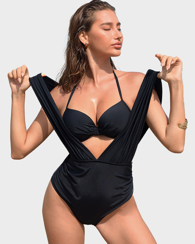 Two-Piece Deep Plunge Swimsuit with Halter Bra Overlay