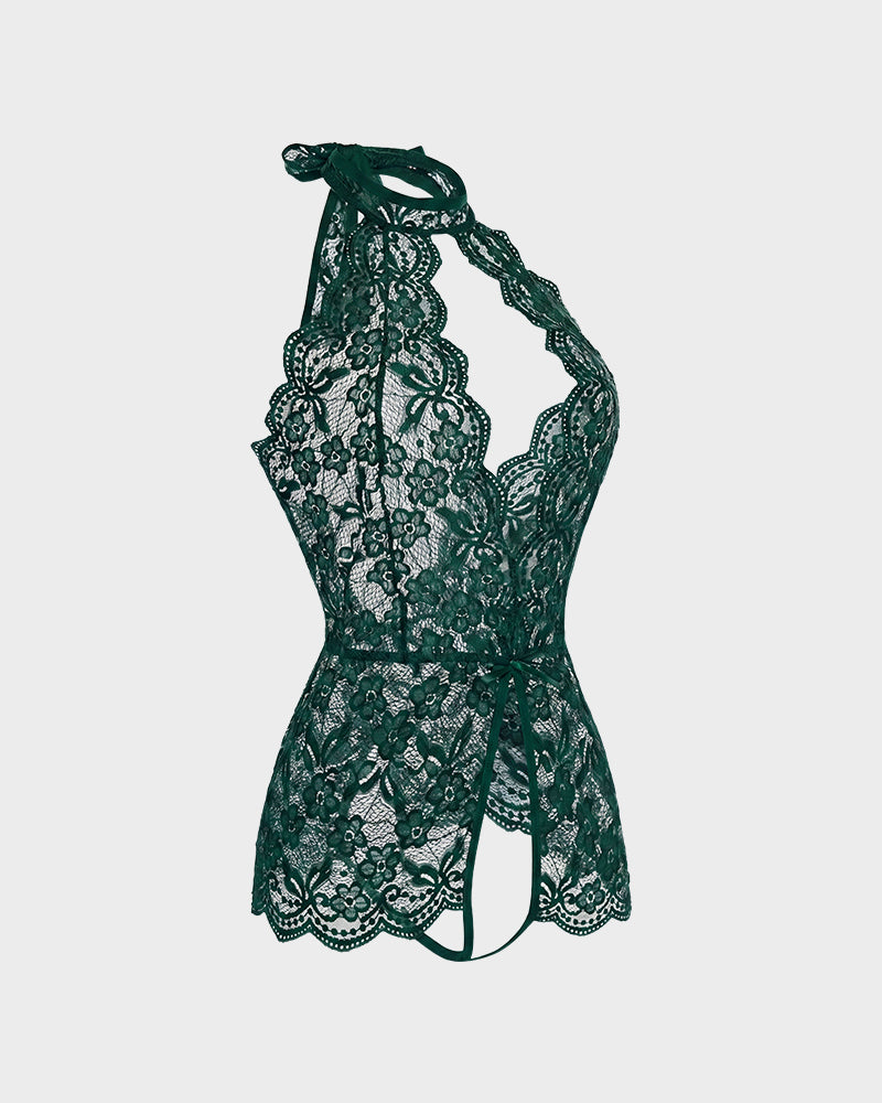 Deep V Halter Lace Teddy Bodysuit