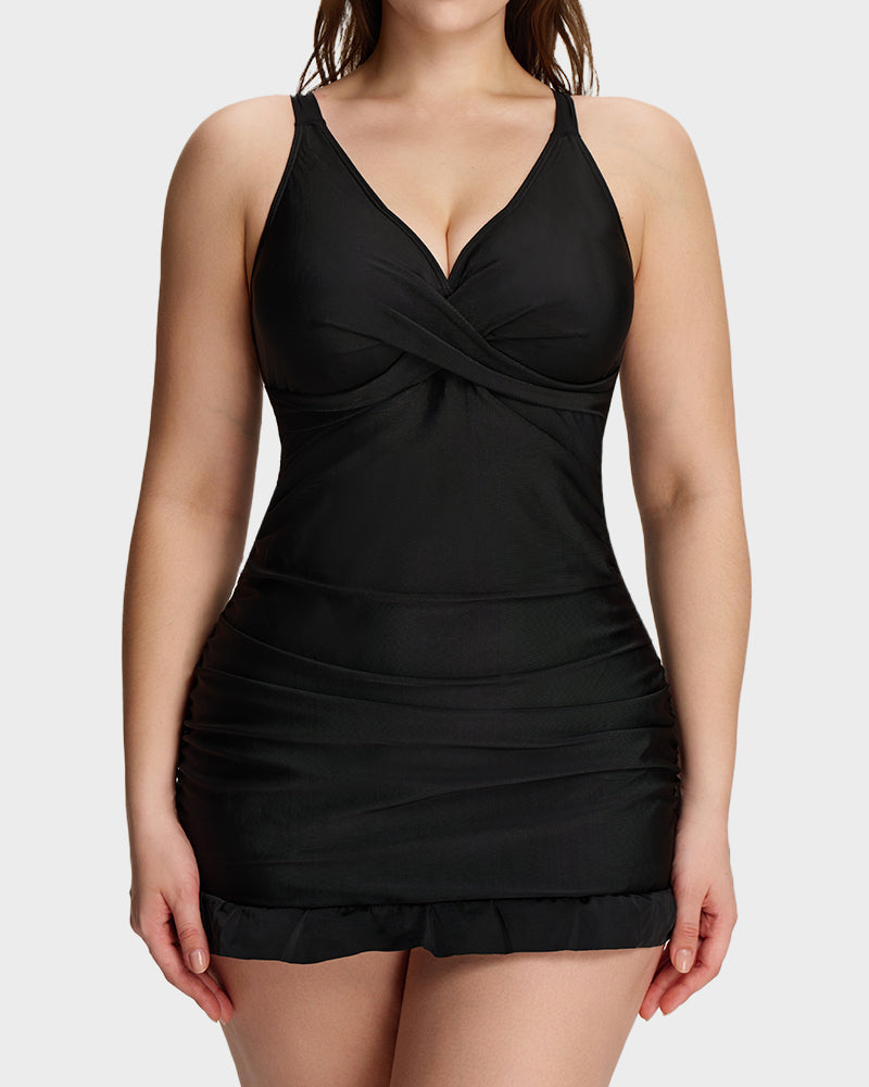 Deep V Cross-Back Ruched One-Piece Swimsuit