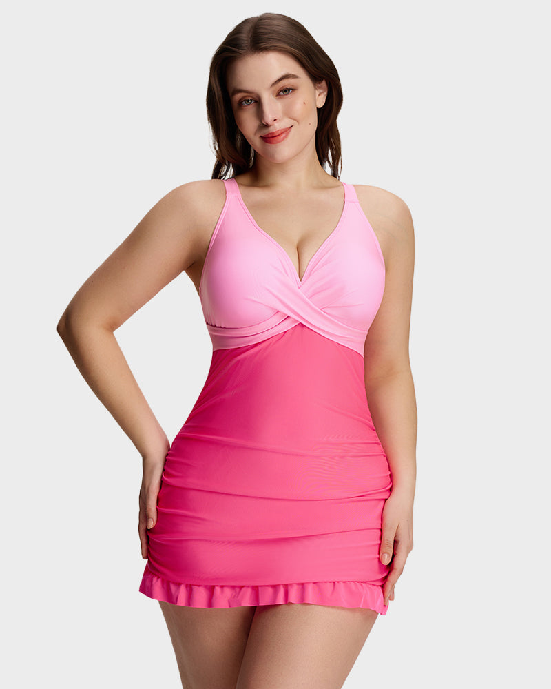 Deep V Cross-Back Ruched One-Piece Swimsuit