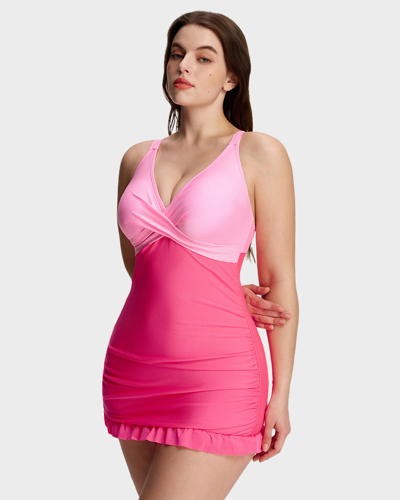 Deep V Cross-Back Ruched One-Piece Swimsuit