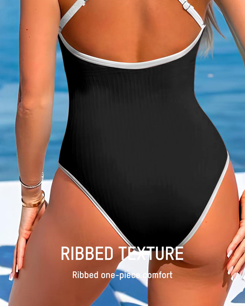 Deep V Ribbed Cross Back One-Piece Swimsuit