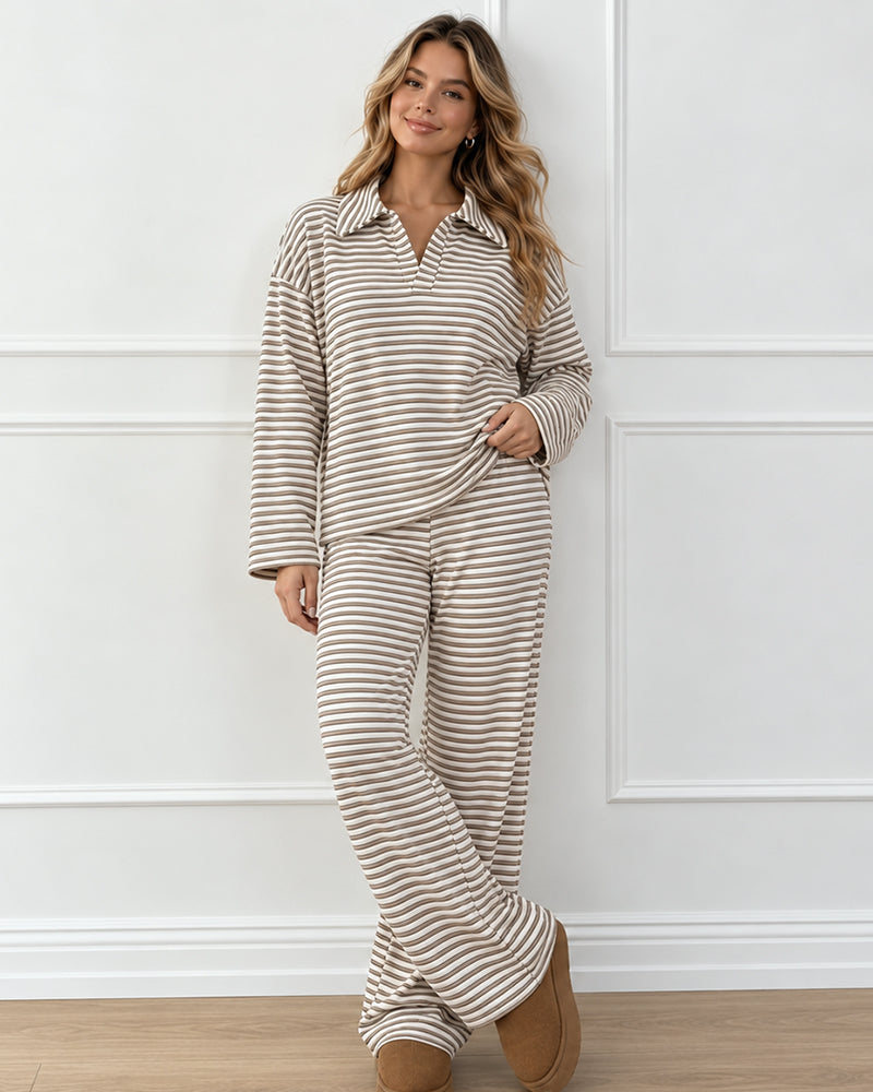 Drop Shoulder Striped Collared Long Sleeve Set