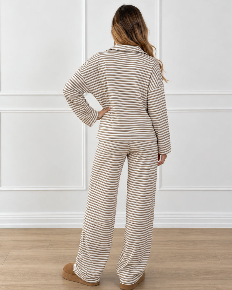Drop Shoulder Striped Collared Long Sleeve Set