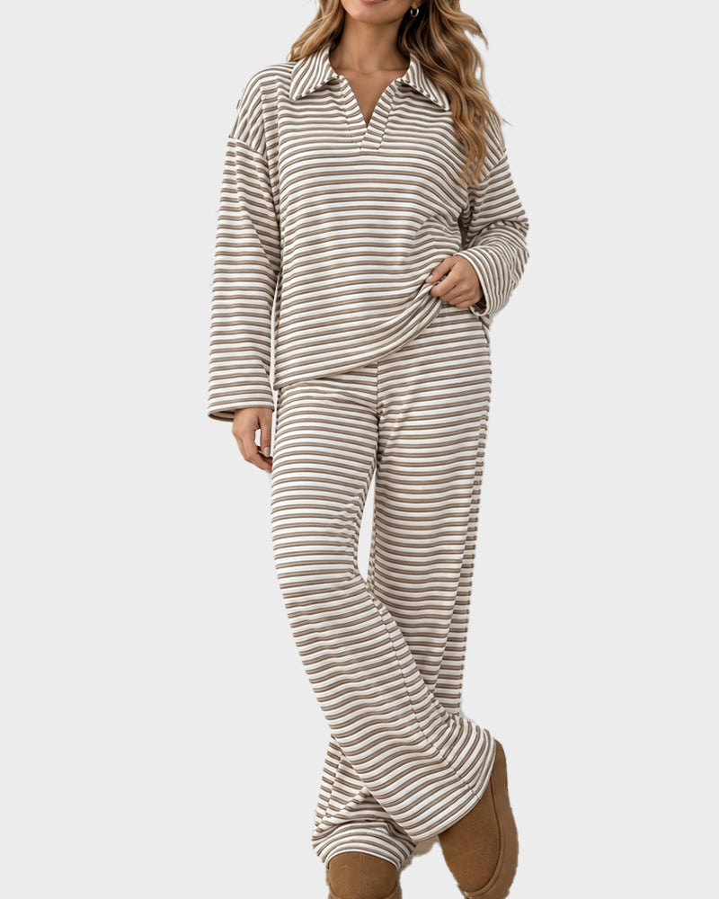 Drop Shoulder Striped Collared Long Sleeve Set